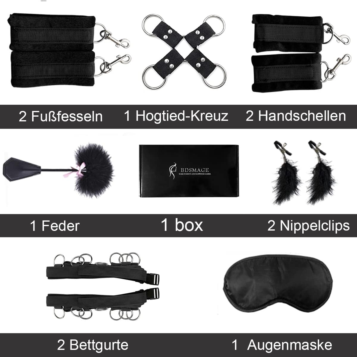 7-częściowy zestaw do zabaw bondage – zawiera piórkowy bicz, maskę na oczy, kajdanki i klipsy na sutki dla par